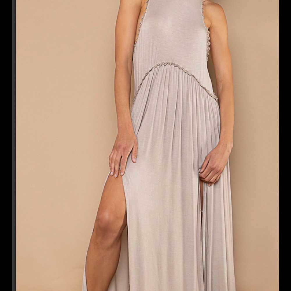 POL Sleeveless Maxi Dress in Light Beige with Side Slit